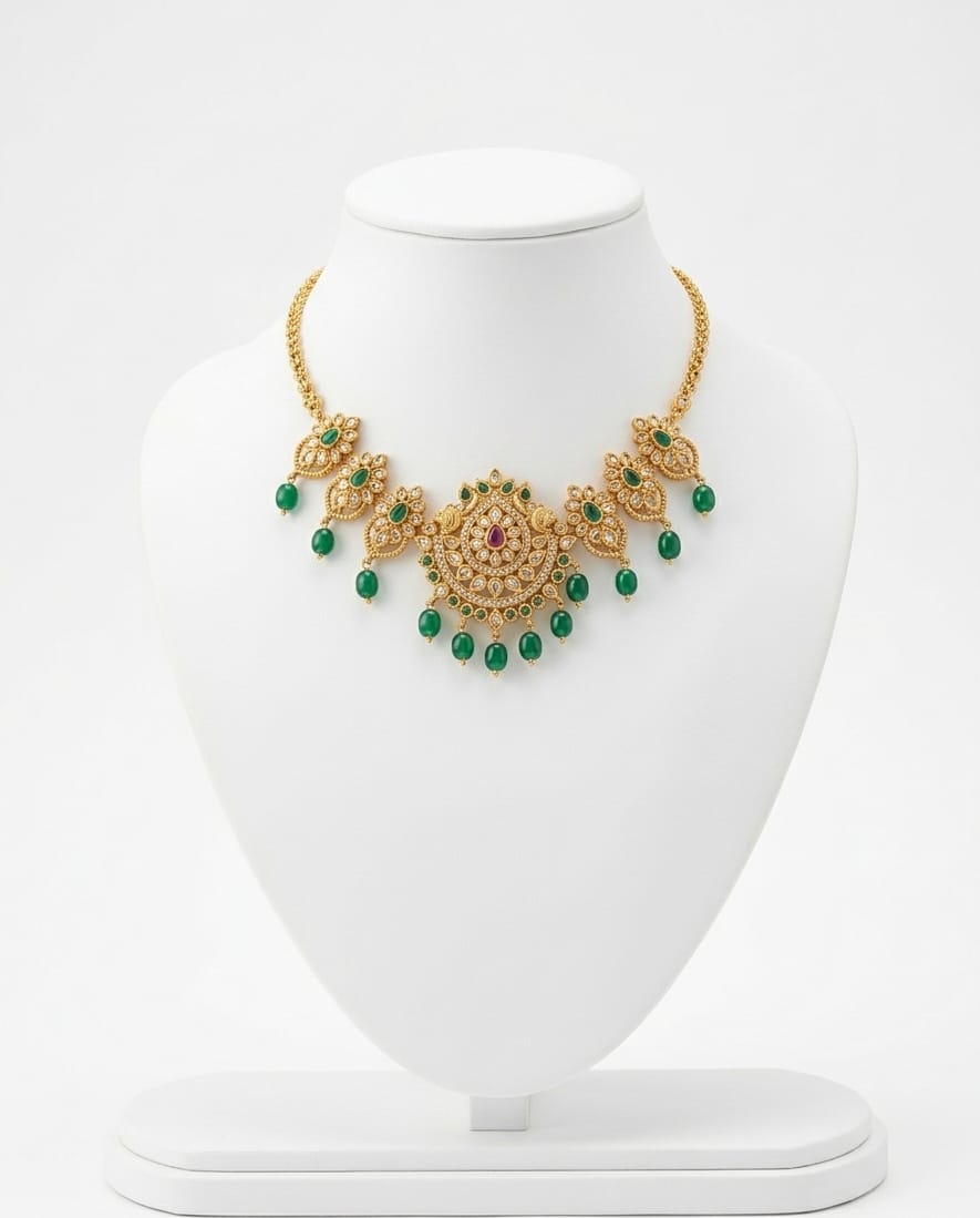Maroon stone with and Green Stone and bead drop Choker Necklace