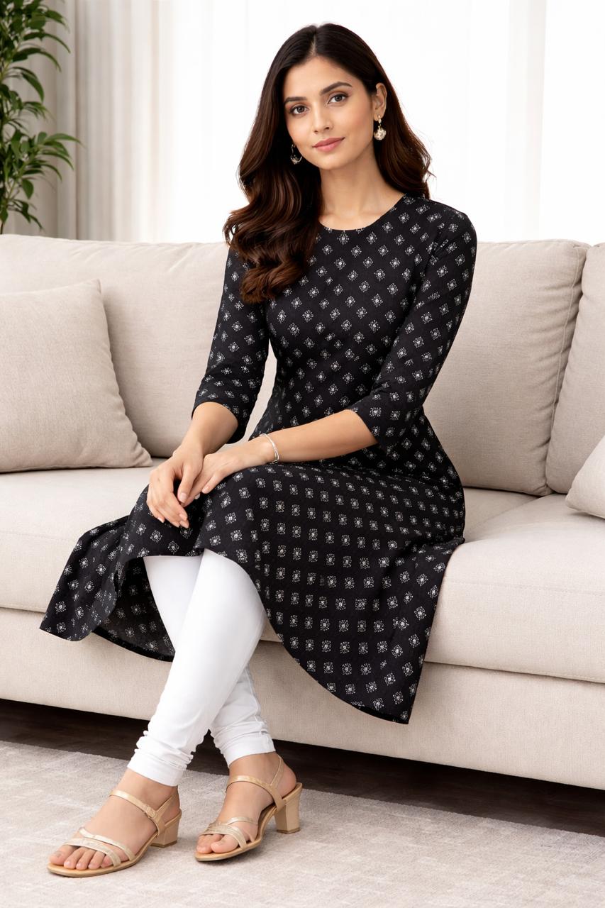 Floral Printed V-Neck Cotton Ethnic Kurti