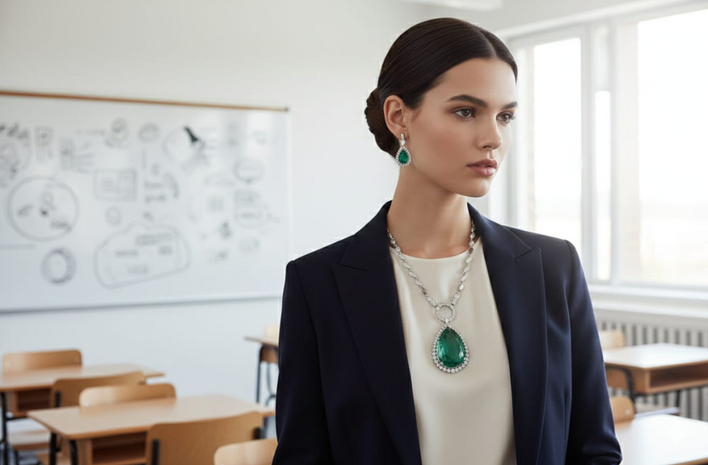 Casual Wear Pista Green & White Stone Pendant Chain Set with Pressing Earrings