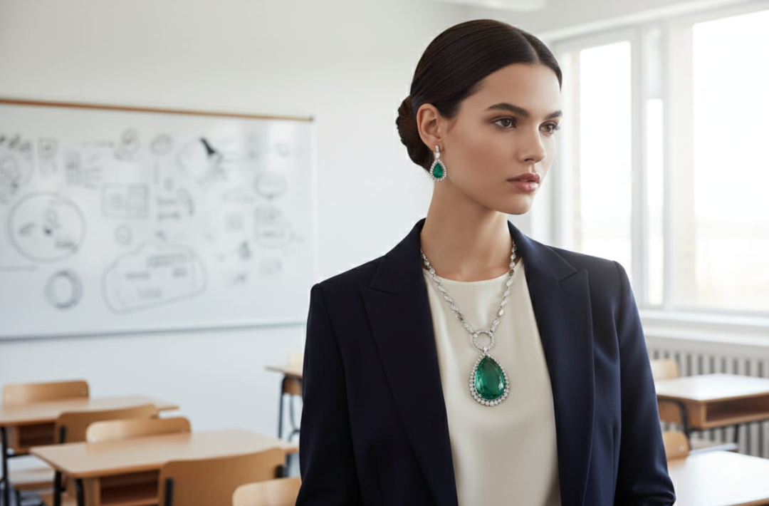 Casual Wear Pista Green & White Stone Pendant Chain Set with Pressing Earrings
