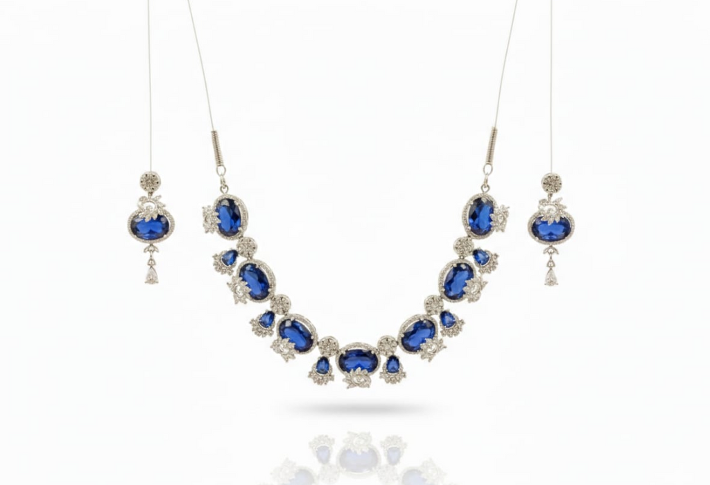 This is an elegant blue colour necklace and earring set designed with a refined, contemporary-meets-traditional appeal.