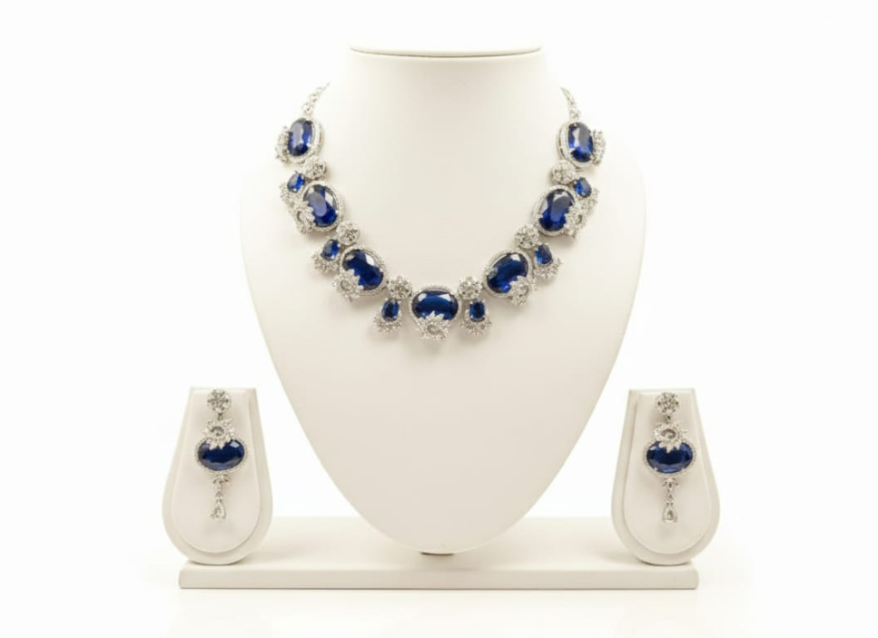 This is an elegant blue colour necklace and earring set designed with a refined, contemporary-meets-traditional appeal.