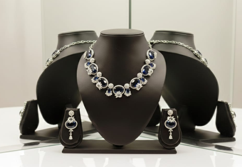 This is an elegant blue colour necklace and earring set designed with a refined, contemporary-meets-traditional appeal.