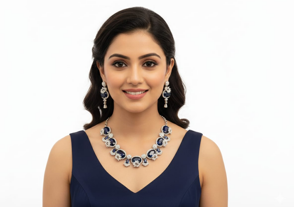 This is an elegant blue colour necklace and earring set designed with a refined, contemporary-meets-traditional appeal.