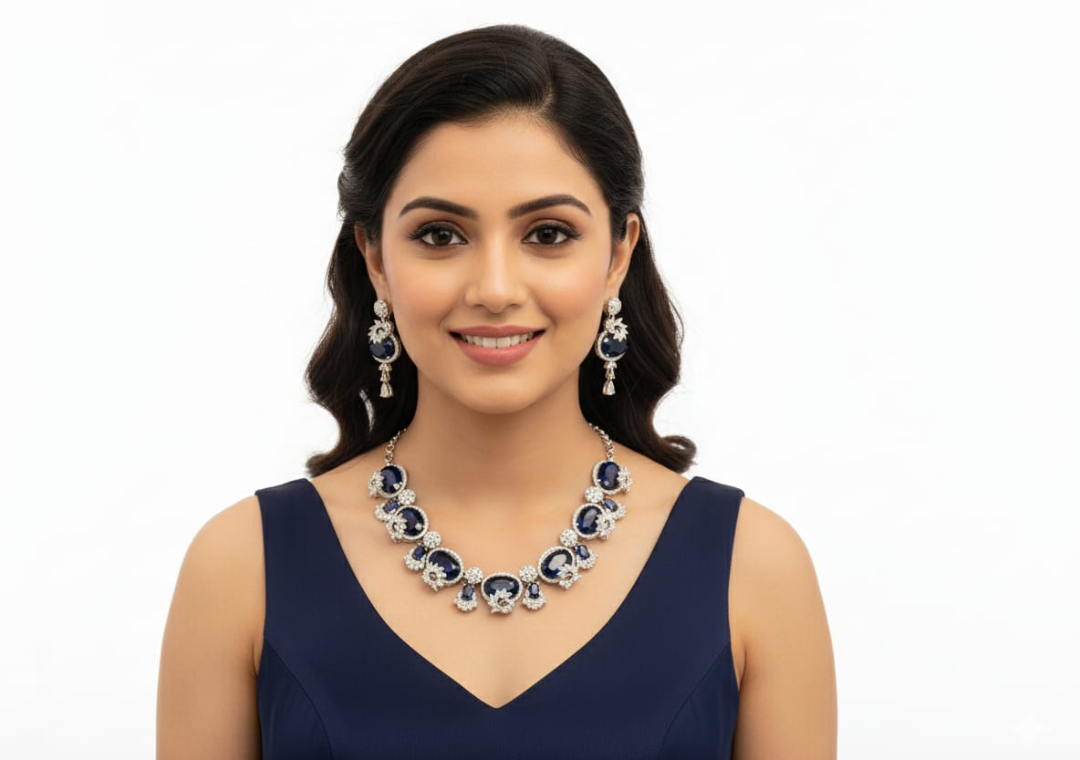 This is an elegant blue colour necklace and earring set designed with a refined, contemporary-meets-traditional appeal.