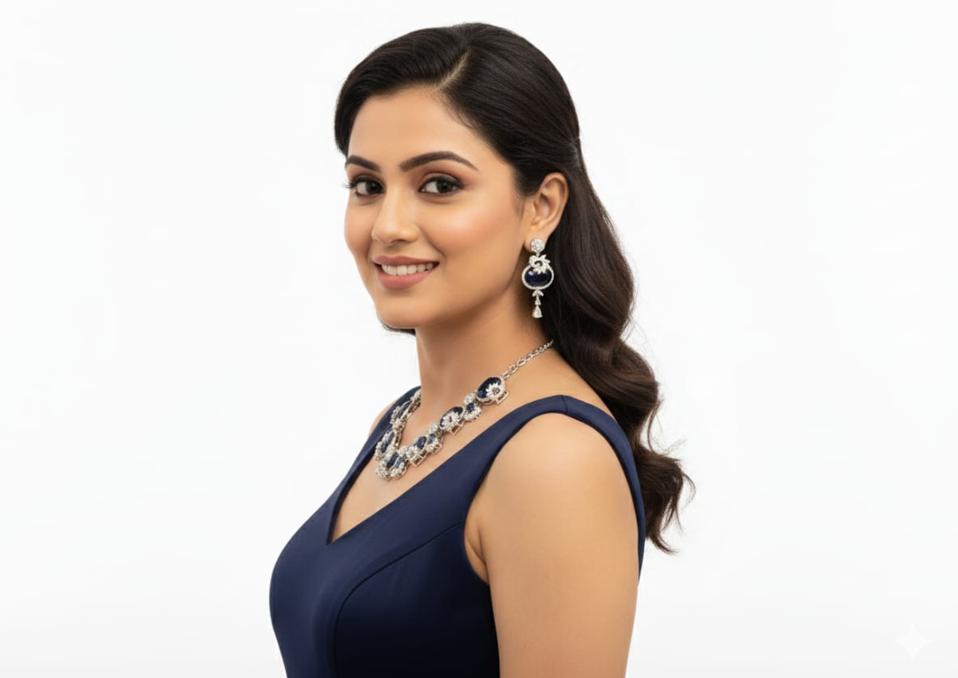 This is an elegant blue colour necklace and earring set designed with a refined, contemporary-meets-traditional appeal.