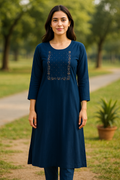 Navy Blue Hand Embroidered Cotton Ethnic Kurti