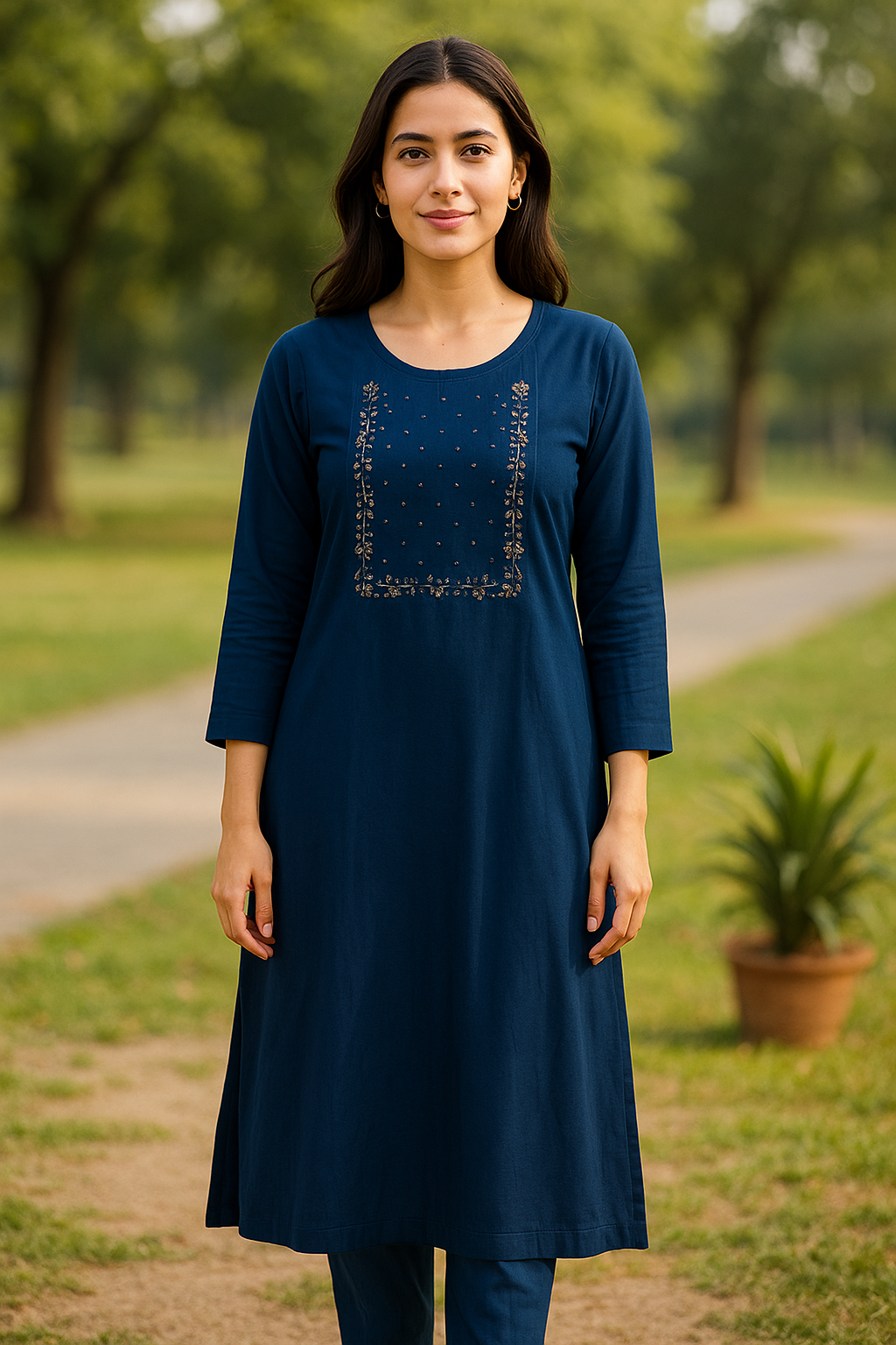 Navy Blue Hand Embroidered Cotton Ethnic Kurti