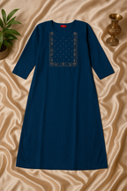 Navy Blue Hand Embroidered Cotton Ethnic Kurti