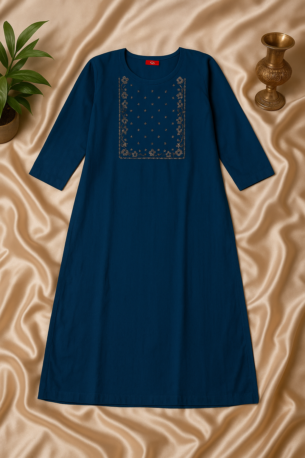 Navy Blue Hand Embroidered Cotton Ethnic Kurti