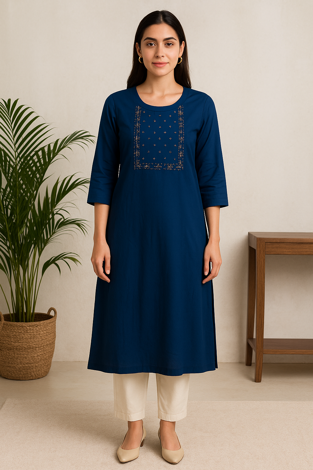 Navy Blue Hand Embroidered Cotton Ethnic Kurti