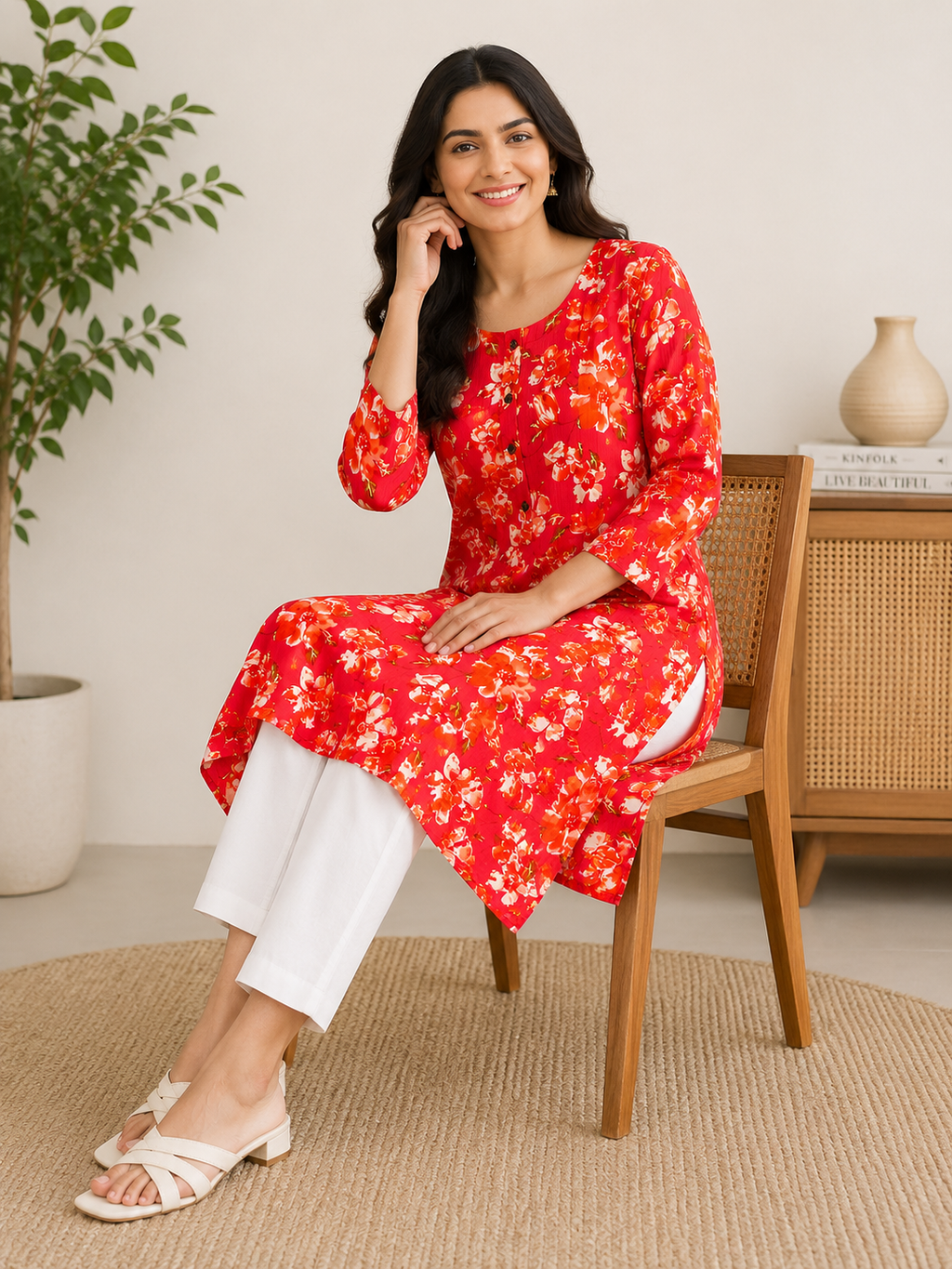 Classic Round Neck A-Line Cotton Single Kurti