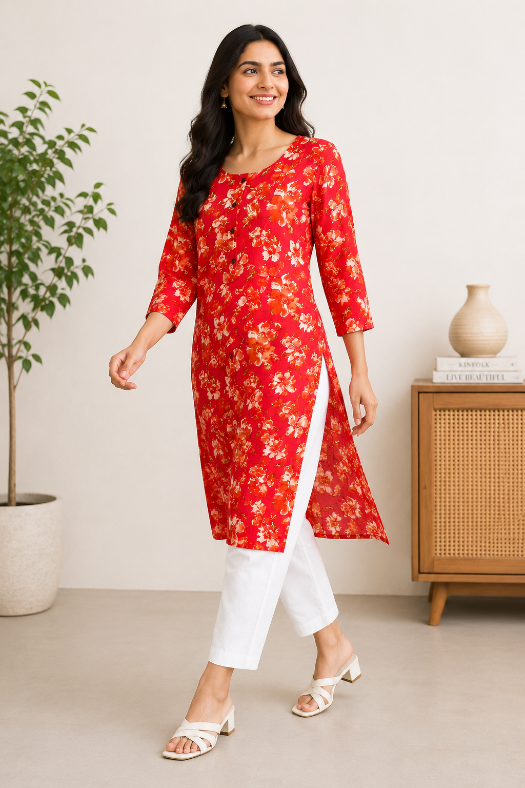 Classic Round Neck A-Line Cotton Single Kurti