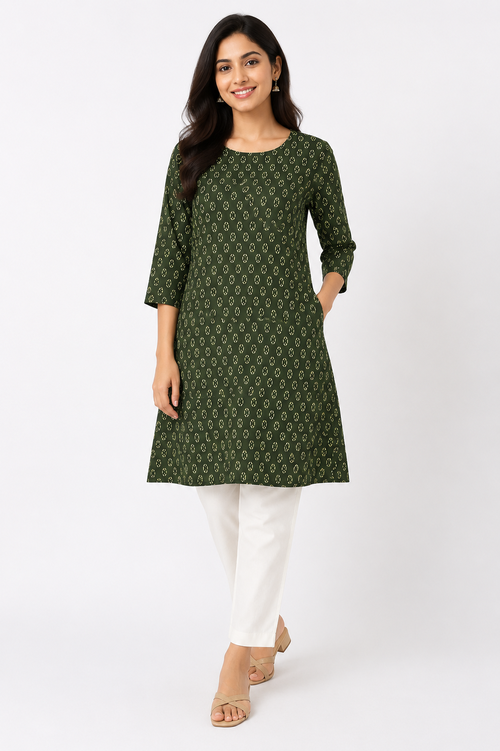 Olive Green Notched Neck Printed Cotton Kurti