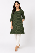 Olive Green Notched Neck Printed Cotton Kurti