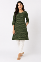Olive Green Notched Neck Printed Cotton Kurti