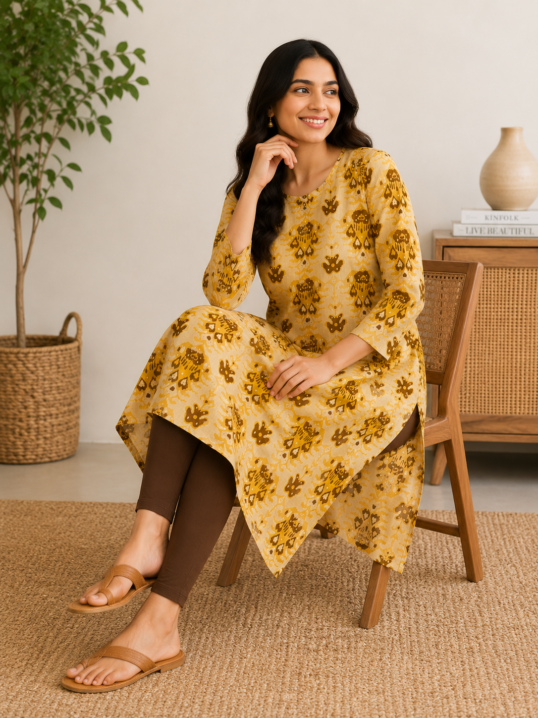Classic Round Neck A-Line Cotton Single Kurti