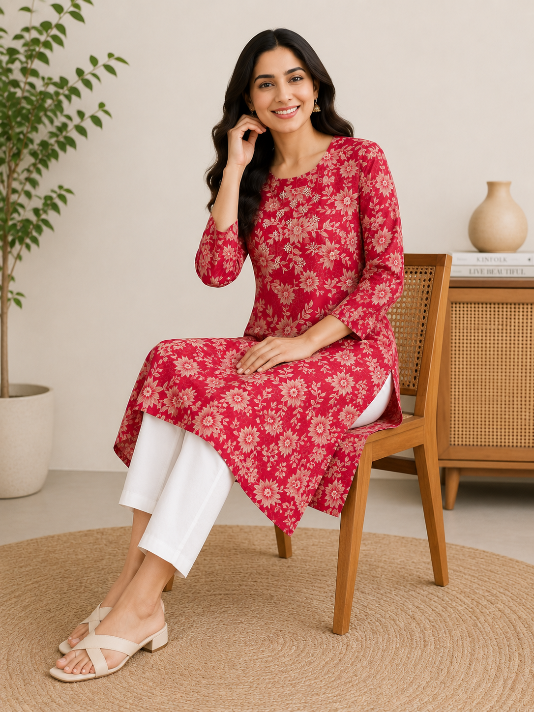 Classic Round Neck A-Line Cotton Single Kurti