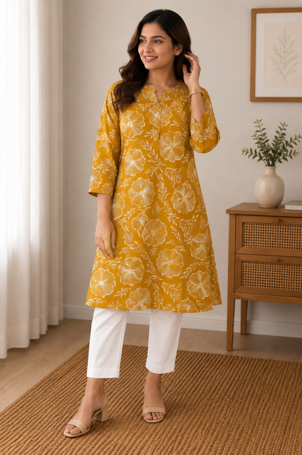 Printed 3/4 Sleeve Cotton Ethnic Kurti
