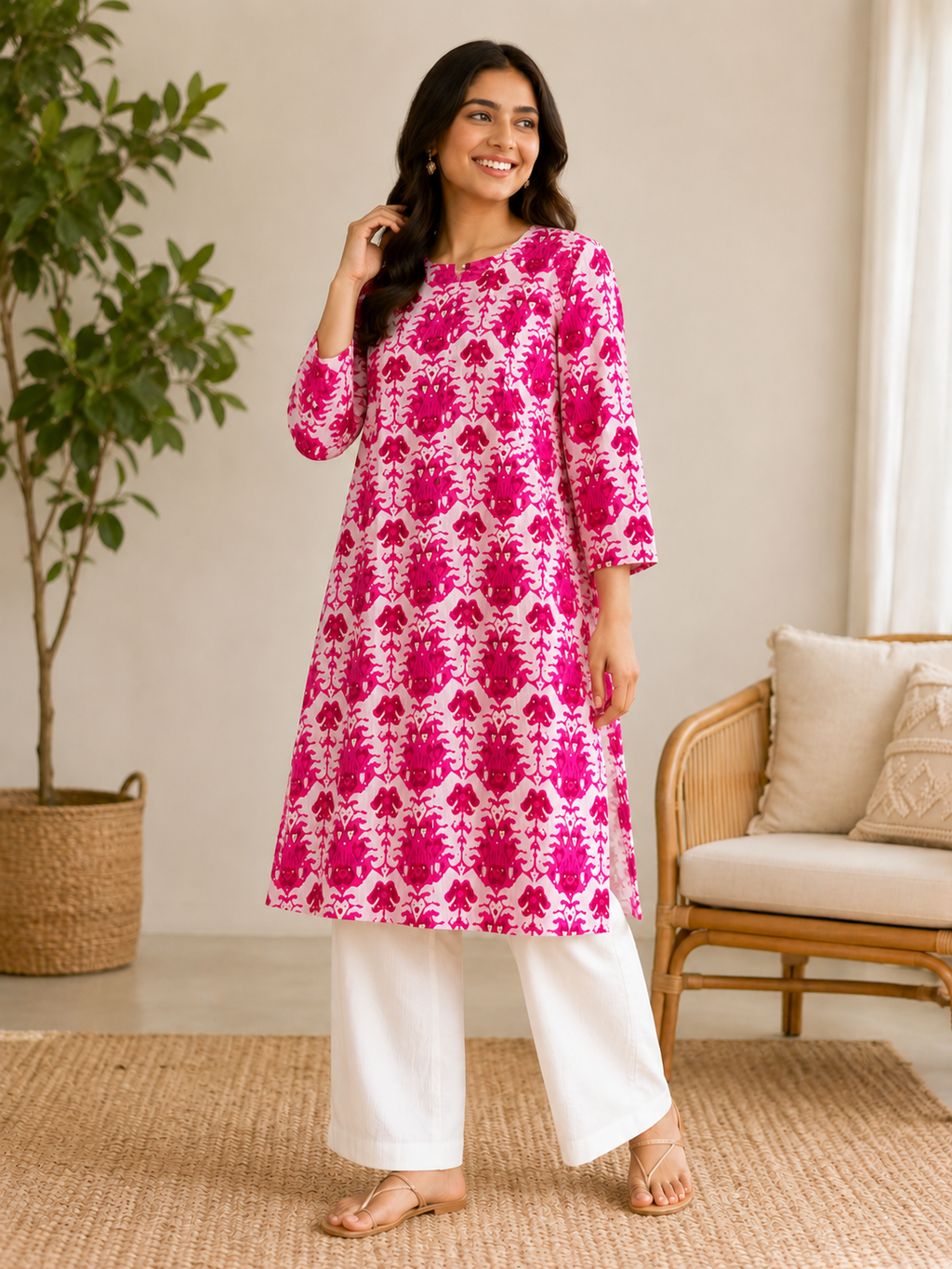 Classic Round Neck A-Line Cotton Single Kurti