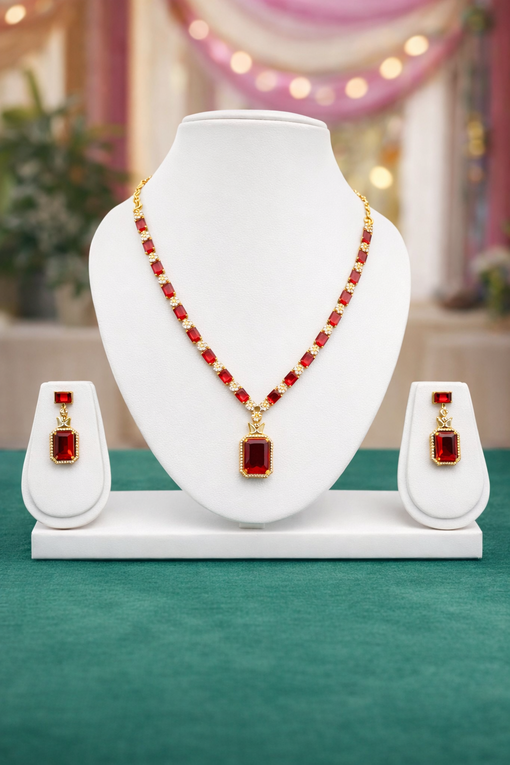 Red Stone Gold-Plated Short Pendant Necklace Set with Pressing Earrings
