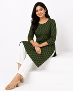 Olive Green Notched Neck Printed Cotton Kurti