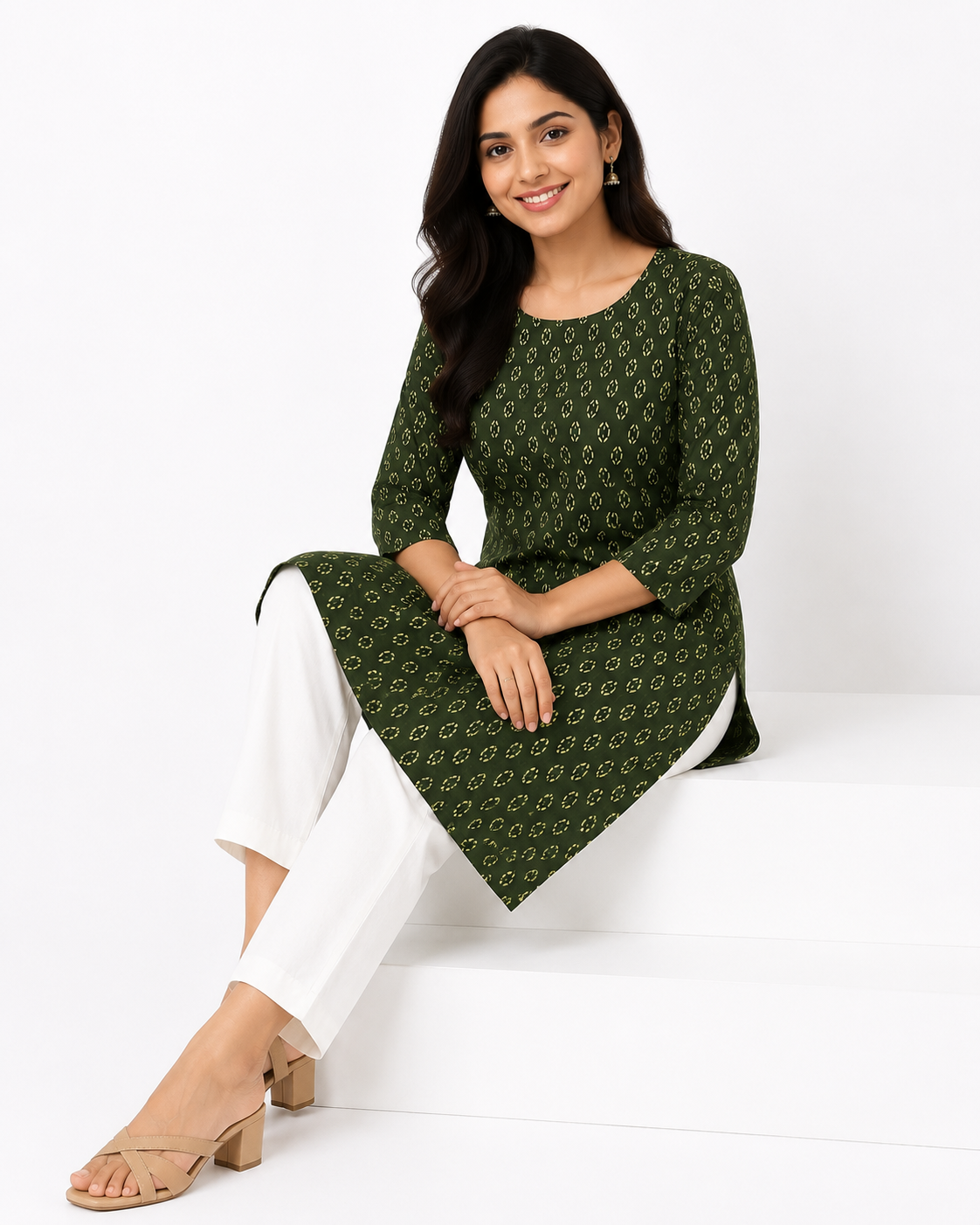 Olive Green Notched Neck Printed Cotton Kurti