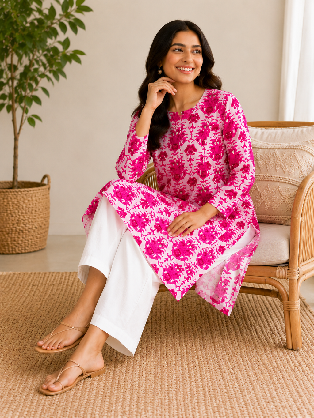 Classic Round Neck A-Line Cotton Single Kurti