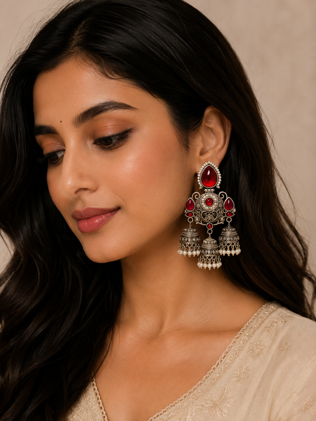 Premium Oxidized Silver Triple-Drop Statement Jhumka Earrings