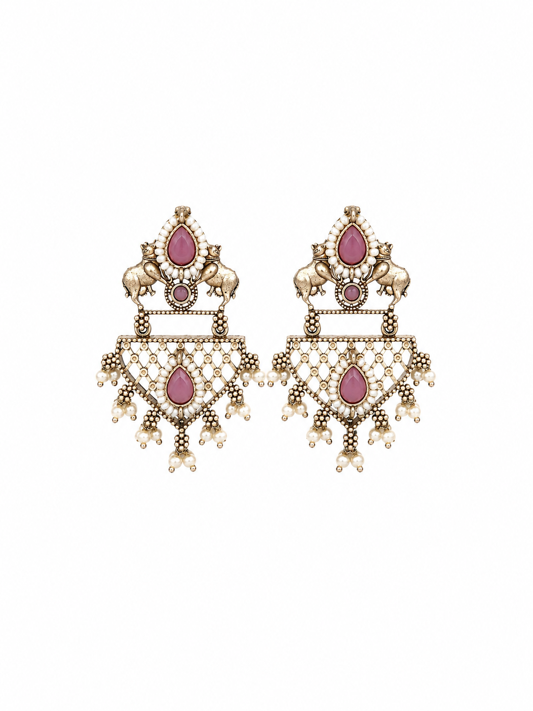 Intricate Oxidised Cow Design Earrings with Pearl Drops