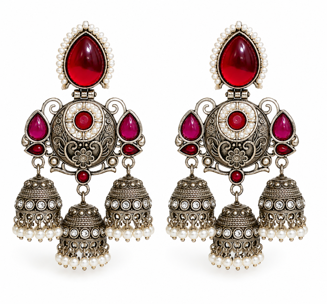Premium Oxidized Silver Triple-Drop Statement Jhumka Earrings