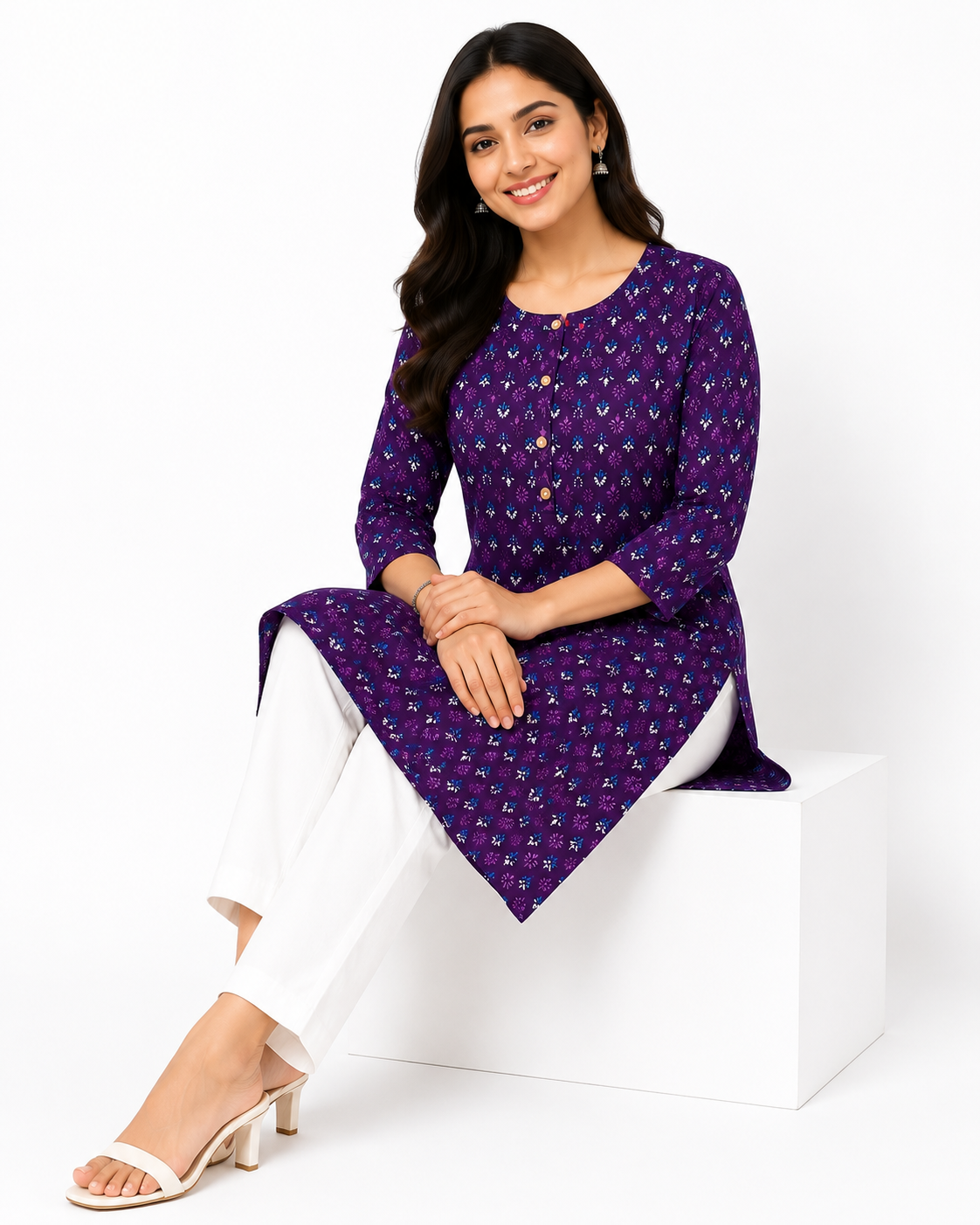 Purple Round Neck Printed Cotton Ethnic Kurti