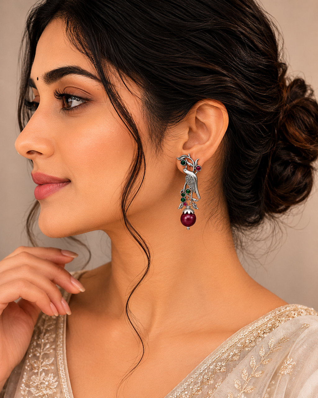 Elegant Oxidised Bird Earrings with Stone Accents