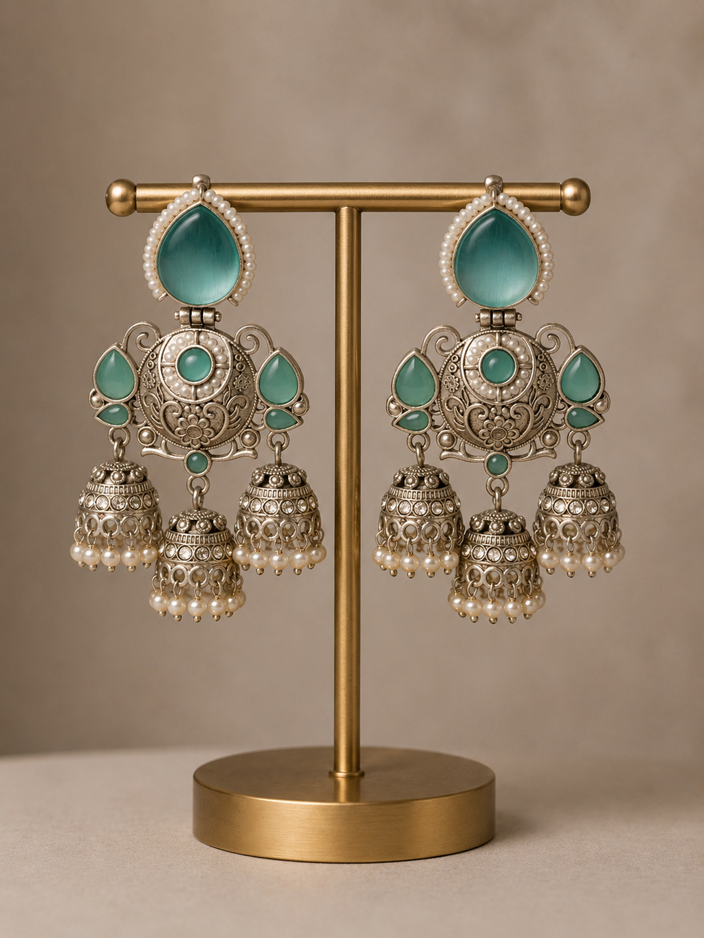 Premium Oxidized Silver Triple-Drop Statement Jhumka Earrings