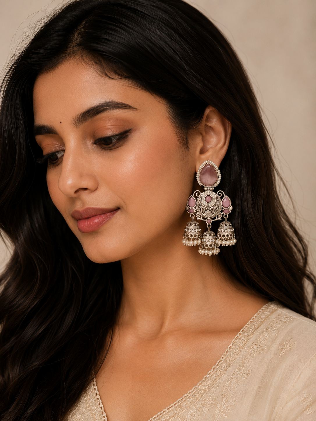 Premium Oxidized Silver Triple-Drop Statement Jhumka Earrings