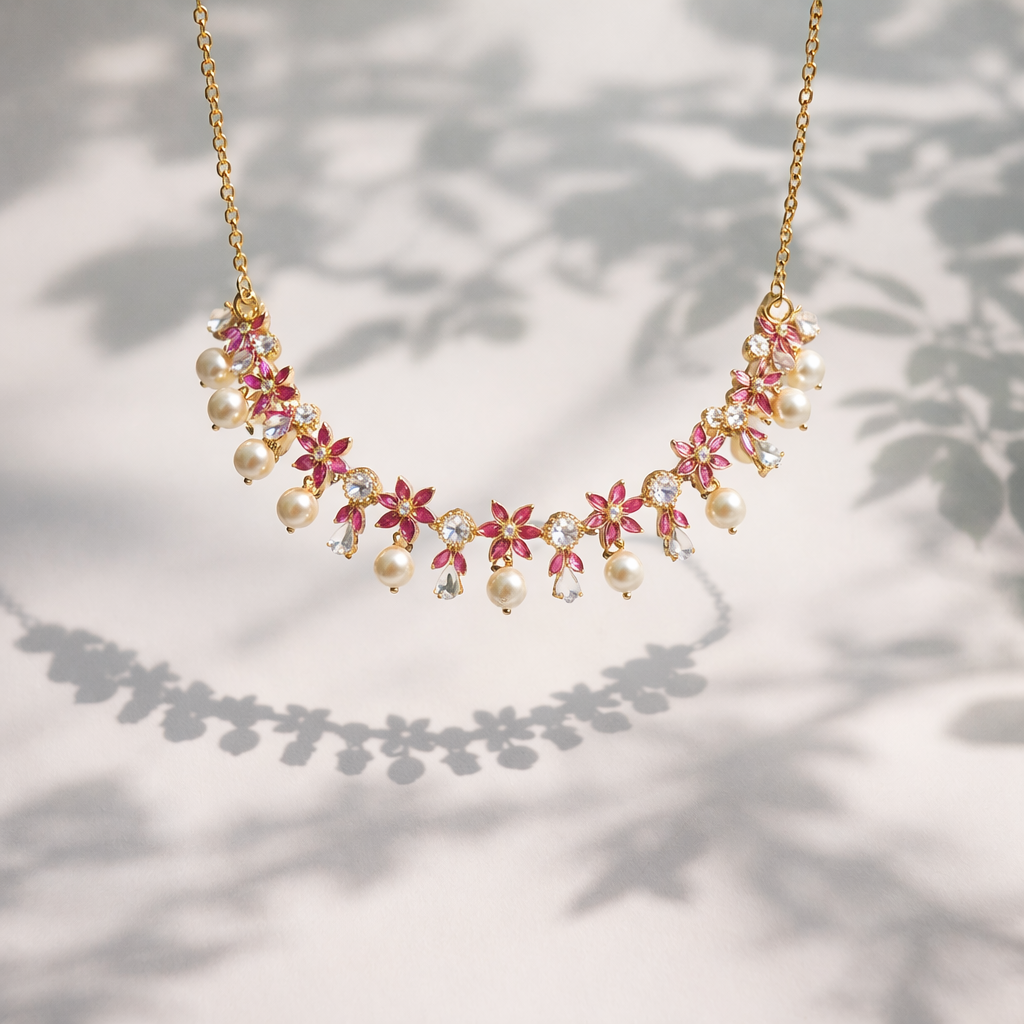 Feminine Pink & White Stone Floral Drop Necklace Set with Pearl Detailing