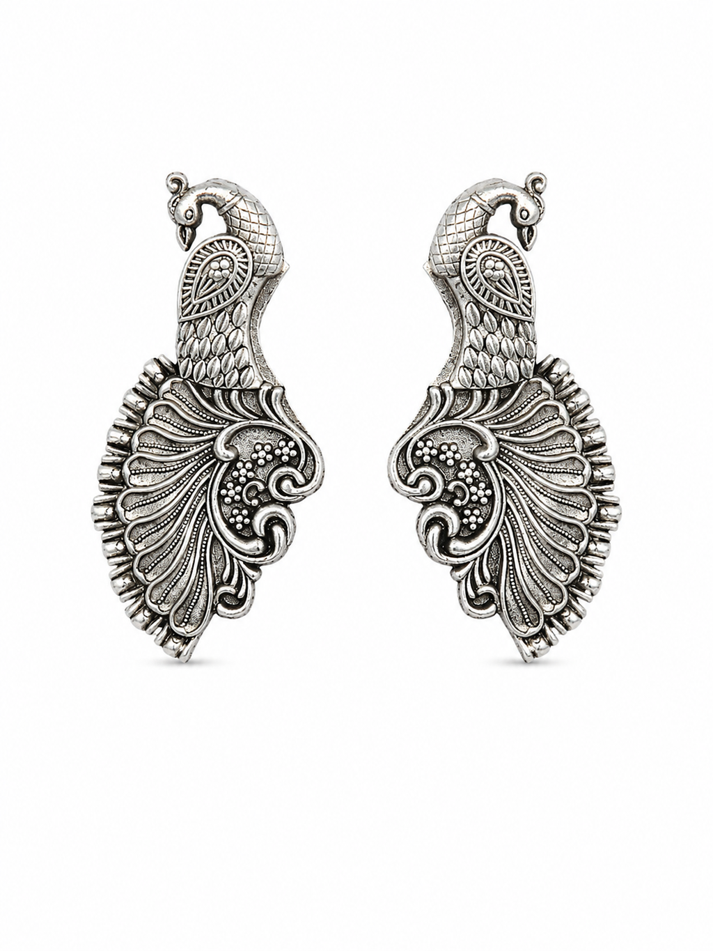 Oxidized Silver Twin Peacock Statement Earrings