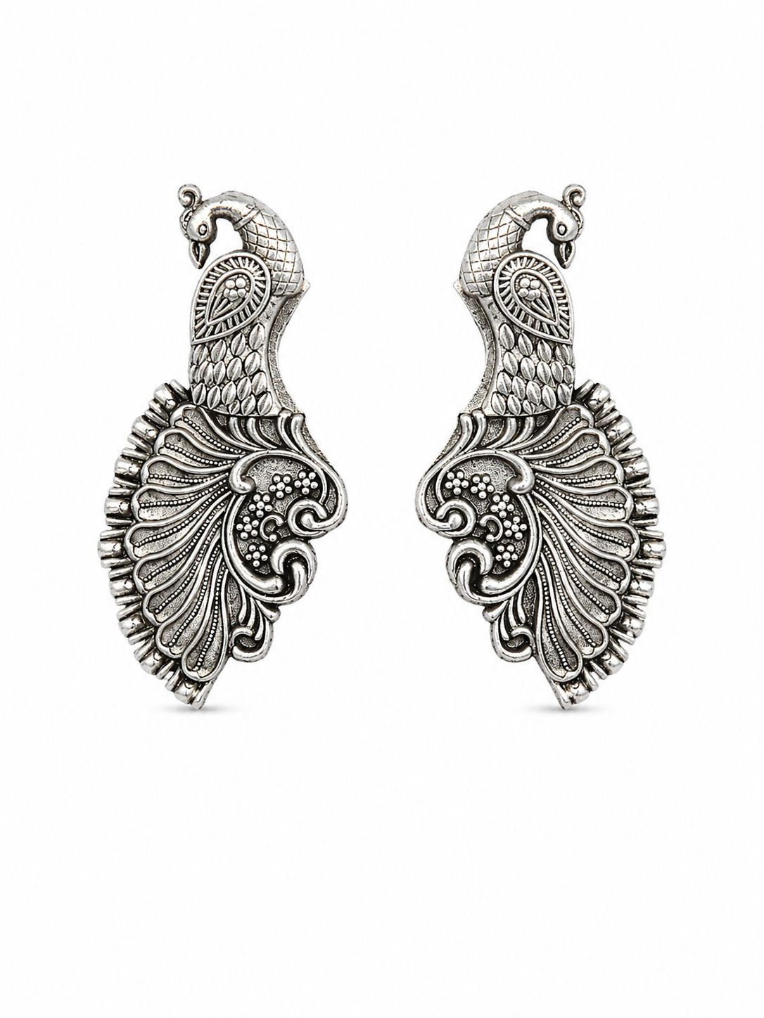 Oxidized Silver Twin Peacock Statement Earrings