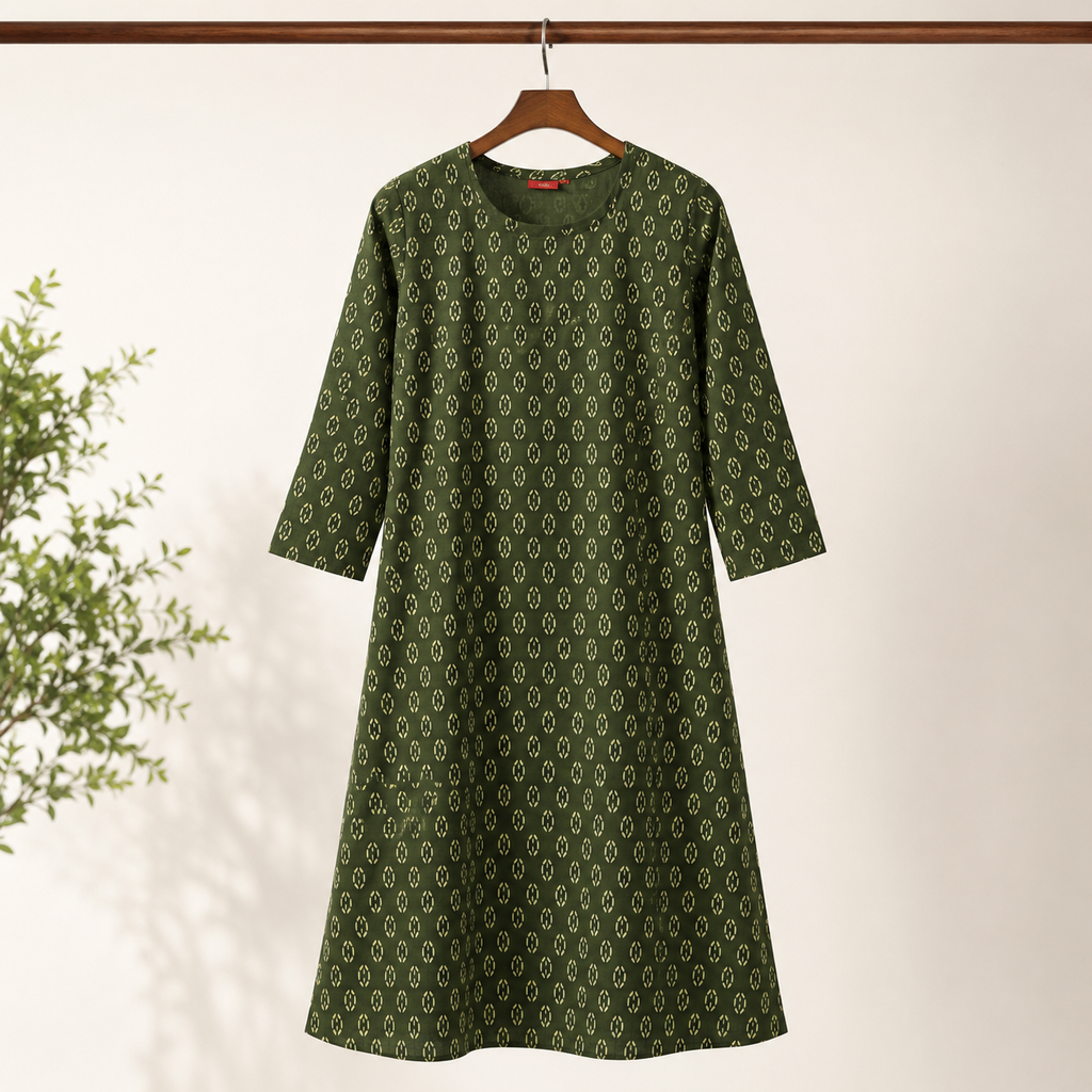 Olive Green Notched Neck Printed Cotton Kurti