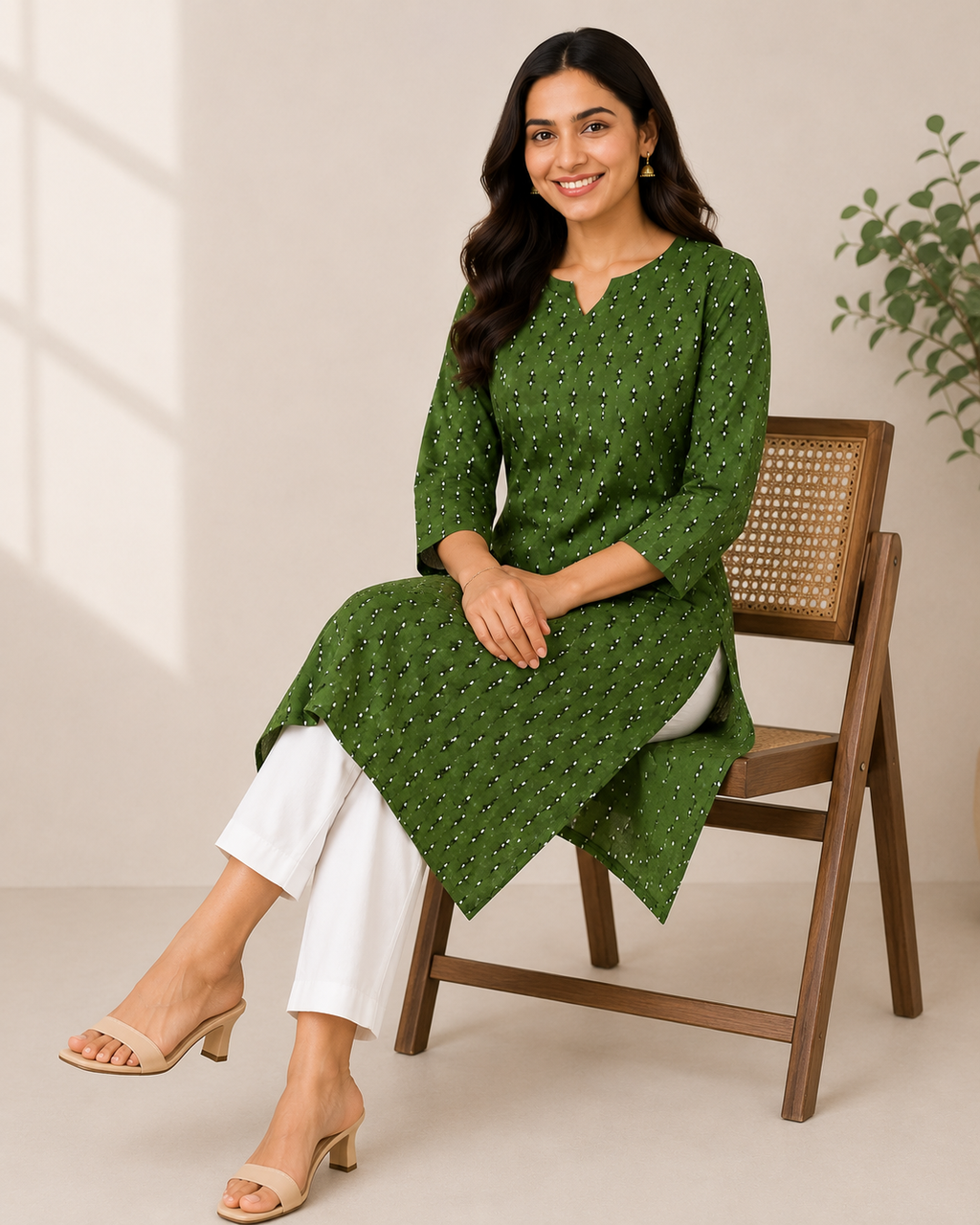 Floral Printed V-Neck Cotton Ethnic Kurti