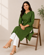 Floral Printed V-Neck Cotton Ethnic Kurti