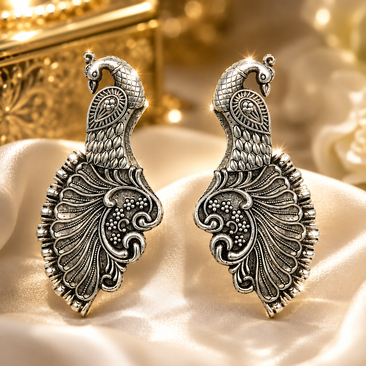 Oxidized Silver Twin Peacock Statement Earrings