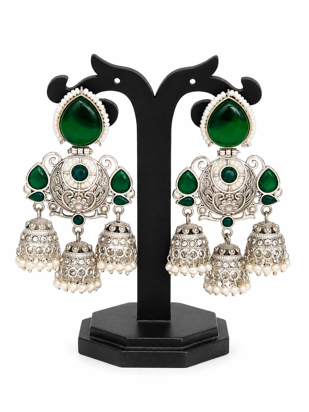 Premium Oxidized Silver Triple-Drop Statement Jhumka Earrings