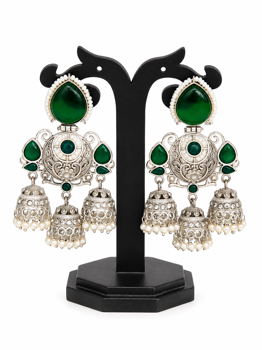 Premium Oxidized Silver Triple-Drop Statement Jhumka Earrings