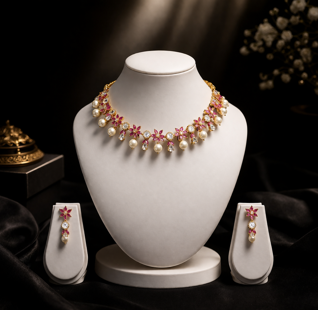 Feminine Pink & White Stone Floral Drop Necklace Set with Pearl Detailing