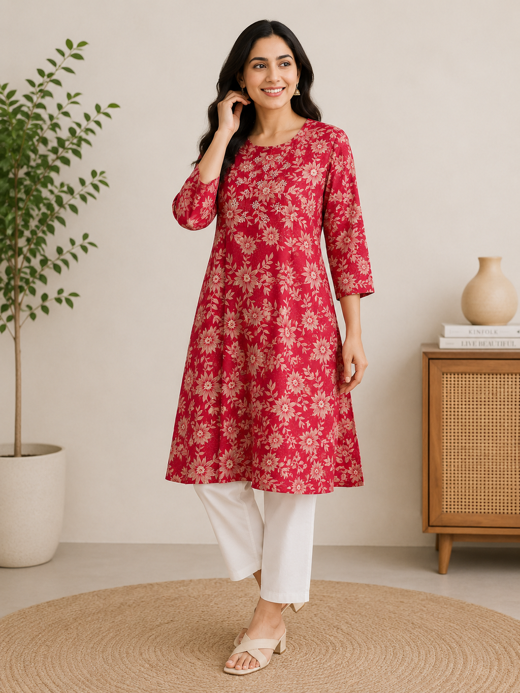 Classic Round Neck A-Line Cotton Single Kurti