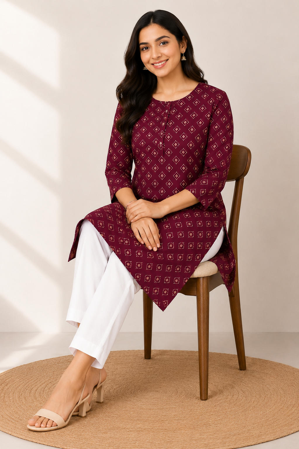 Floral Printed V-Neck Cotton Ethnic Kurti