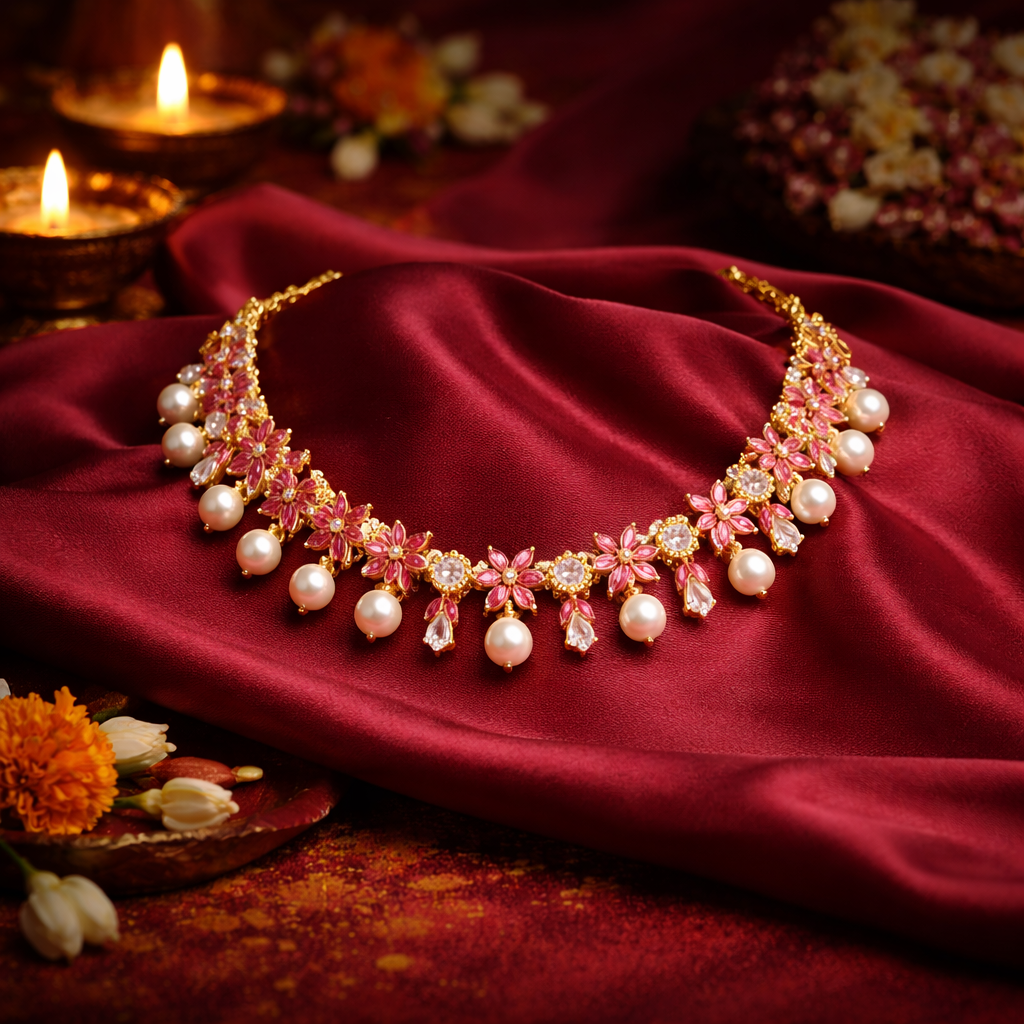 Feminine Pink & White Stone Floral Drop Necklace Set with Pearl Detailing