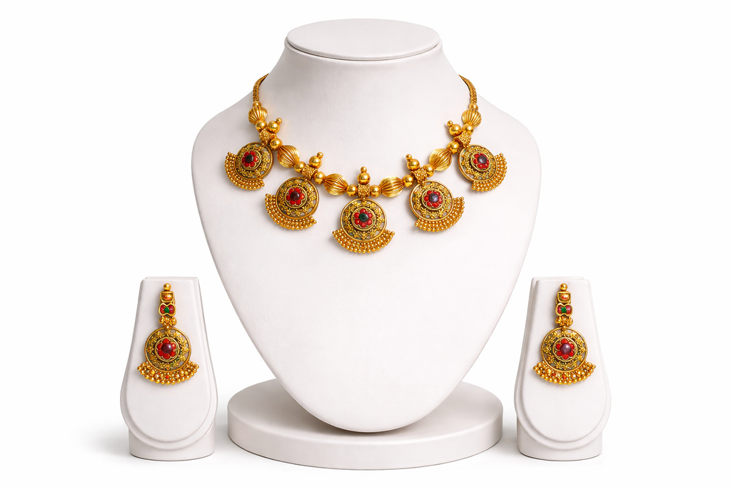 Bold Heritage Gold-Tone Necklace Set with Red & Gold Beads