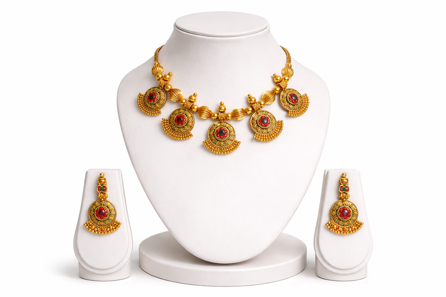 Bold Heritage Gold-Tone Necklace Set with Red & Gold Beads